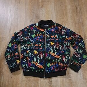 Zeagoo Graffiti Print Black Bomber Jacket Zipper Pockets Women's Size Small